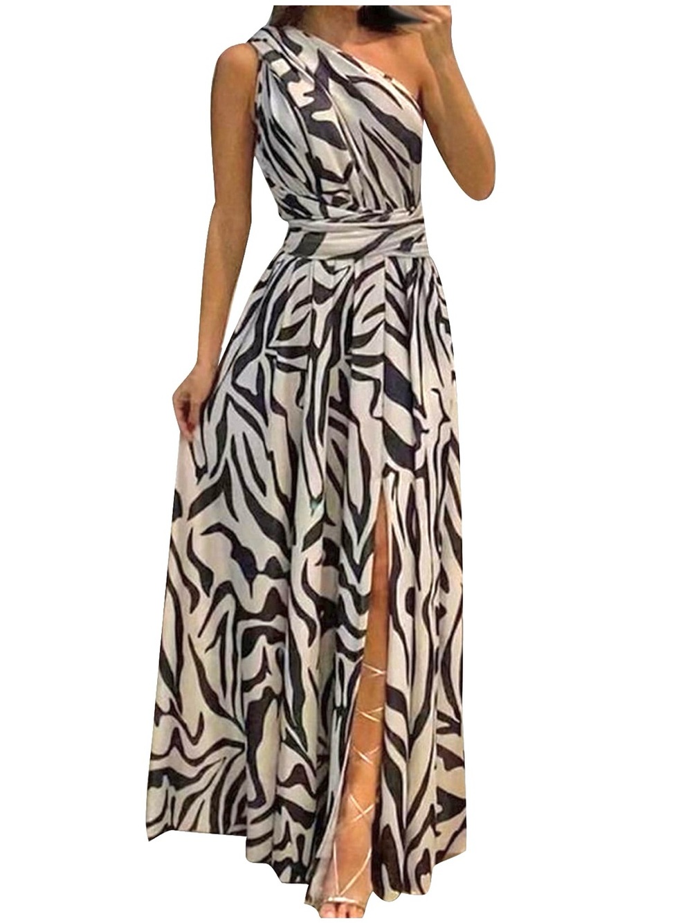 One-Shoulder Black and White Zebra Maxi Dress with Slit
